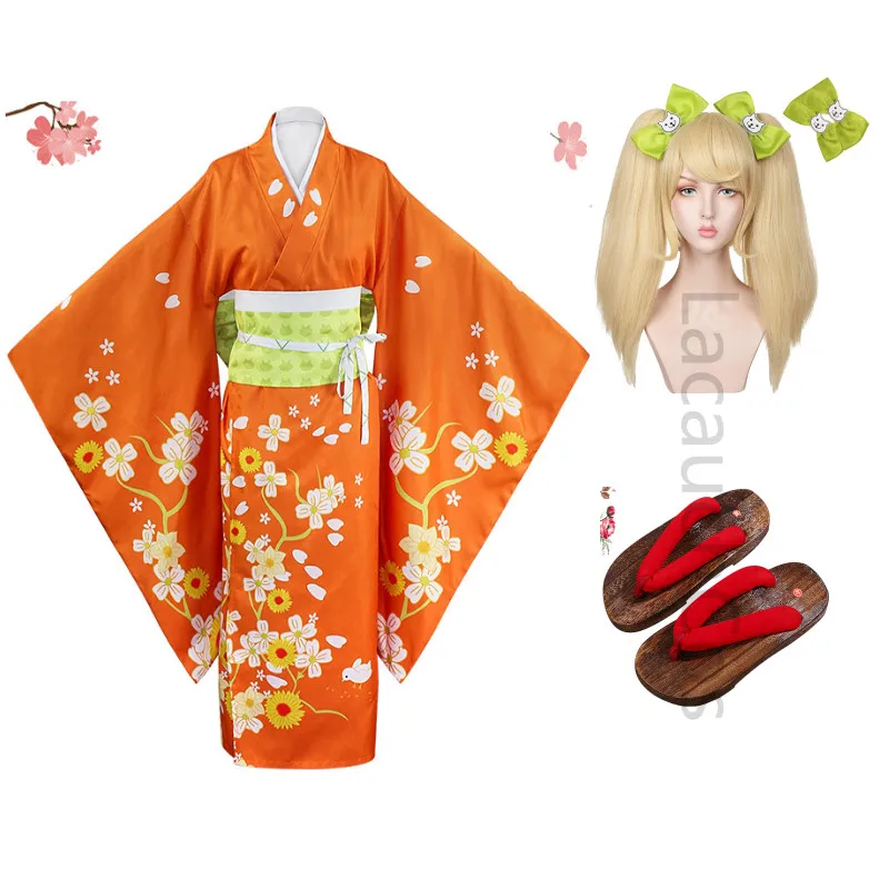 Anime Danganronpa 2 Hiyoko Saionji Hiyoko Kimono giapponese zoccoli scarpe Costume Cosplay donne adulte abito arancione parrucca Kimono