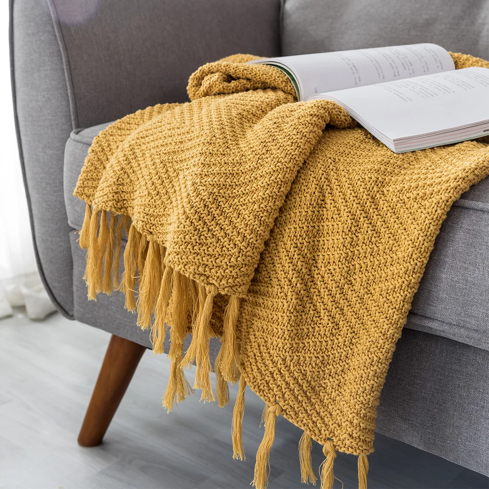 130X170CM Nordic Pure Color Knitted Blanket Blue Mustard Yellow Soft Tassel Sofa Blanket Rug Home Decoration Leisure Blankets