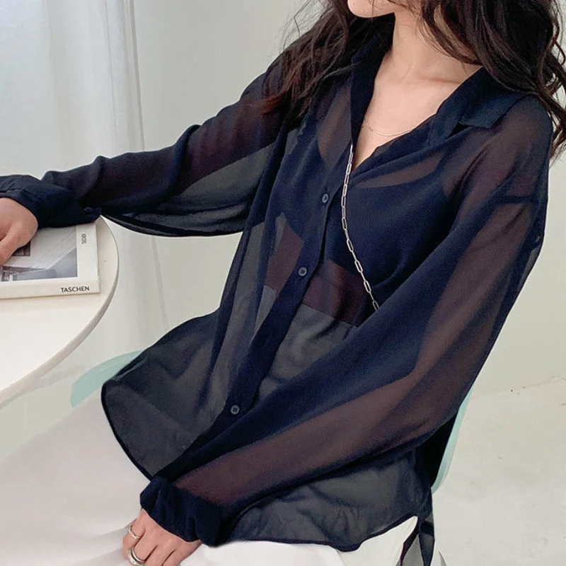 Women Shirts Sheer Sun-proof Fashion Summer Elegant Outerwear Simple Solid All-match Feminine Long Sleeve Turn-down Collar Cozy