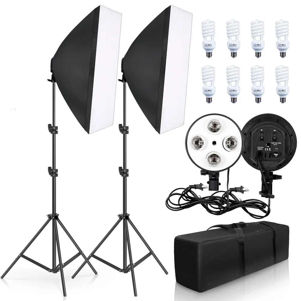 SH Photography Four Lamp Softbox Kit Lighting 50x70CM E27 Holder With 8pcs Bulb Soft Box AccessoriesFor Photo Studio Video