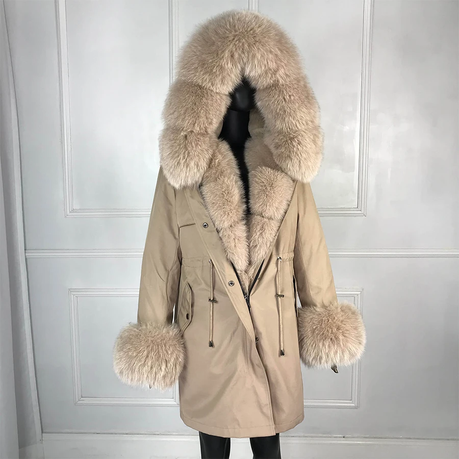 Real Fur Parkas Women Real Rabbit Fur Lined Parkas With Fox Fur Hood Cuffs Winter Long Warm Clothes