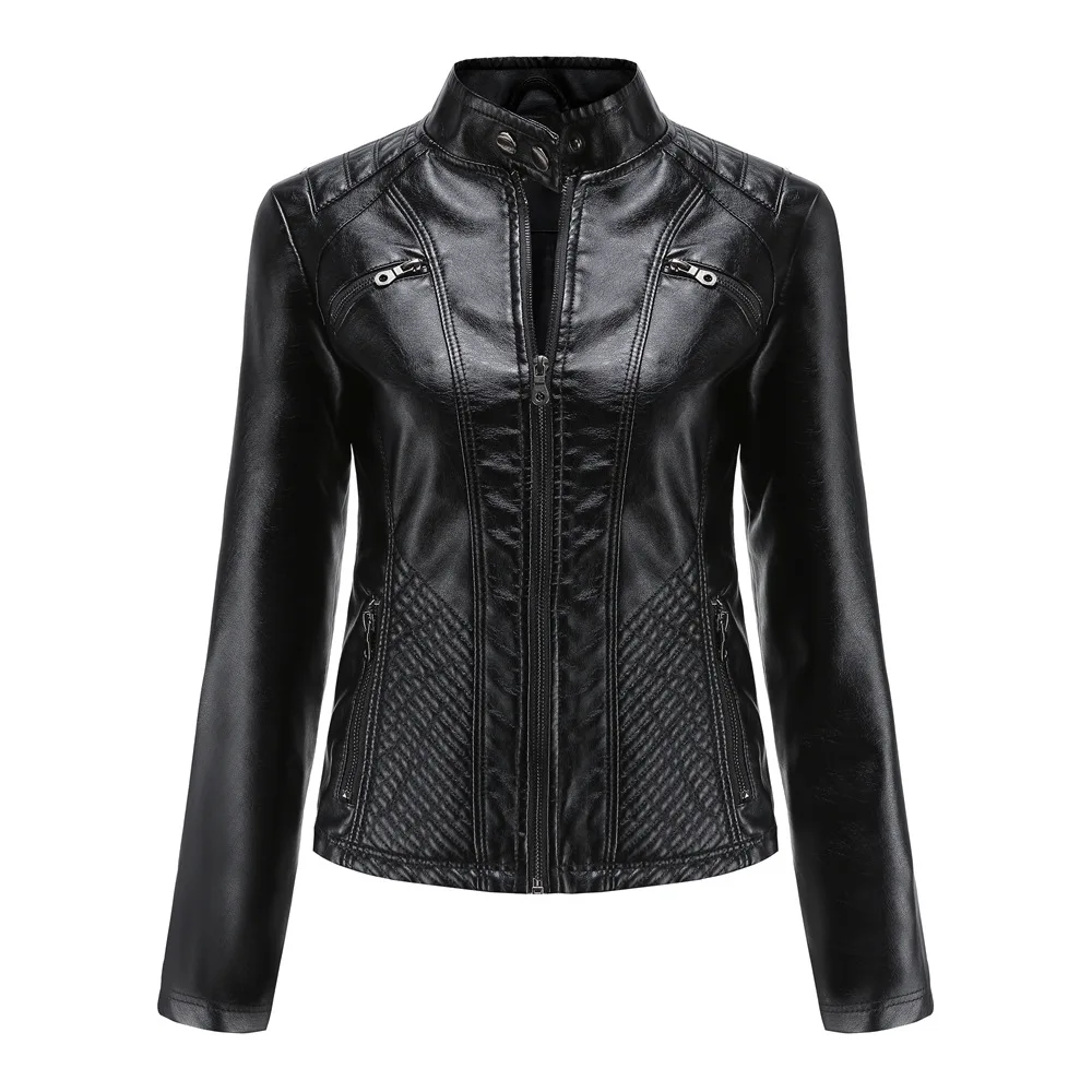Spring New Casual Women Leather Jacket Stand Collar Slim Fit Short PU Leather Coat Solid Classic Female Outerwear