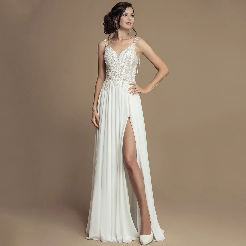 Customized Boho Side Slit Beach V-Neck Wedding Dress 2021 New Chiffon Sleeveless Appliques Beadings Tassel Bridal Gowns