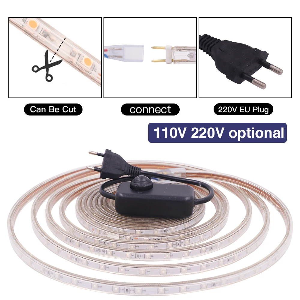 220 V 110 V ściemnialna taśma LED wodoodporna 5050 60 diod LED/m elastyczna taśma LED wtyczka EU US biały/ciepły