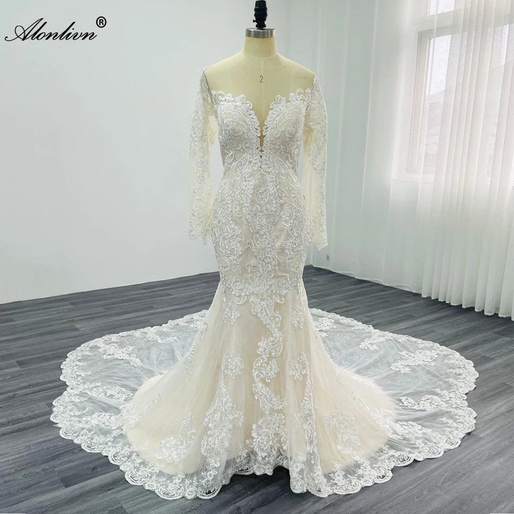 Alonlivn Customize 100% Real Photos Full Sleeve Of Gorgeous Lace Mermaid Wedding Dress Brown Skin Nude With Elegant Beads