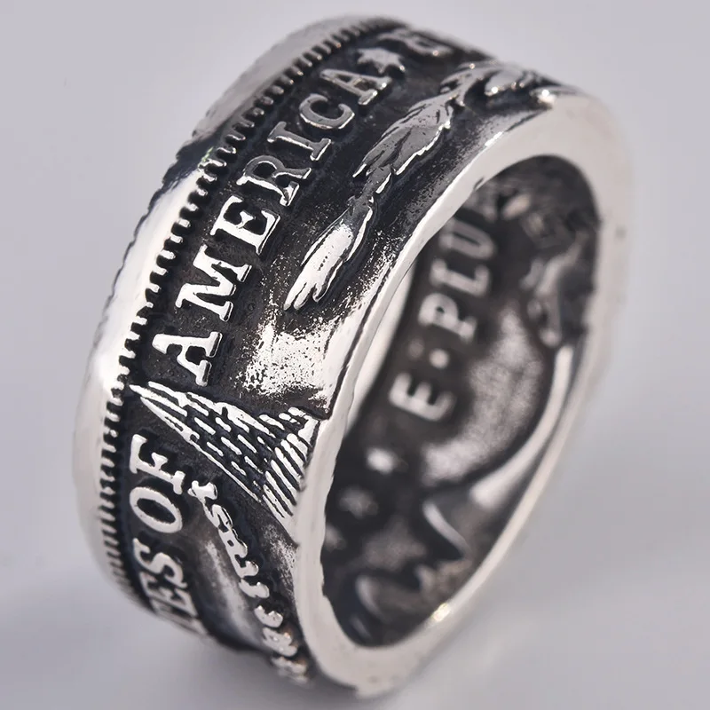 Foydjew New American National Emblem Motto United For One Retro Thai Silver Coin Rings For Men Wide Face Fashion Men's Ring