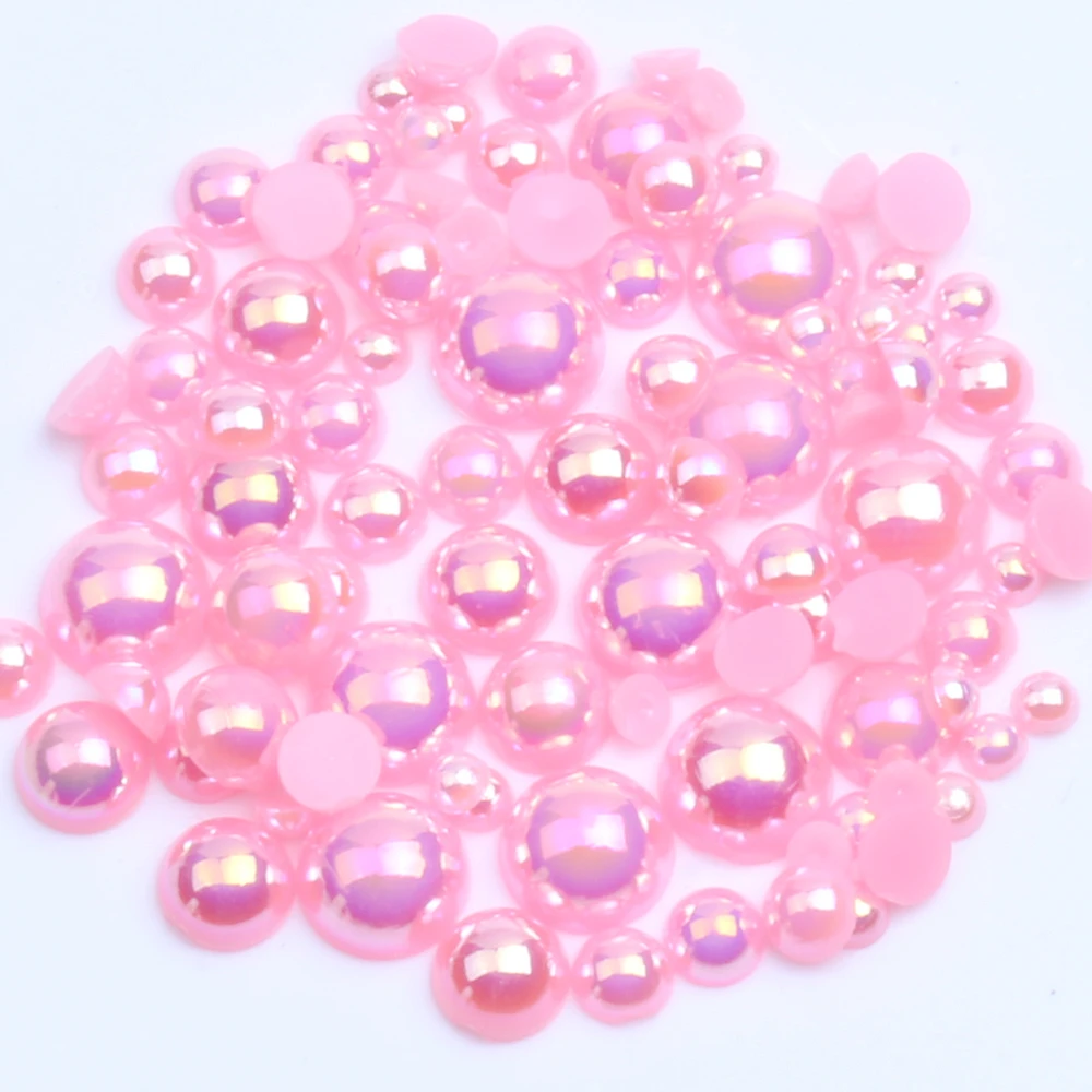 Pink AB Resin Half Round Pearls 2-12mm And Mixed Sizes Non Hotfix Glue On Beads Appliques For Wedding Dress Supplies