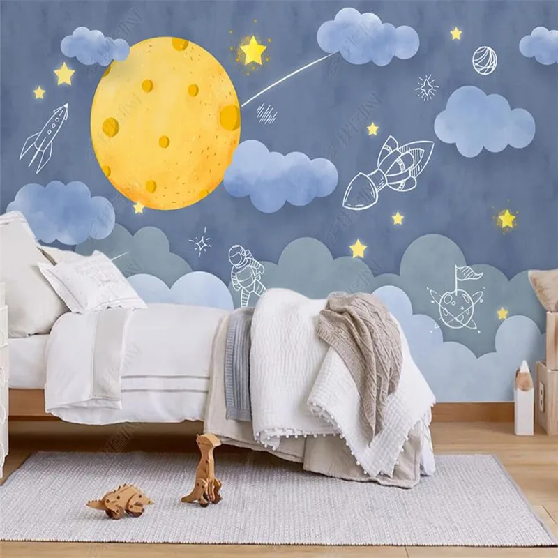 

Custom Hand-painted Cartoon Planet Clouds Rocket Space Children's Room 3D Photo Wall Paper Home Decor Kids Room 3D Wallpaper