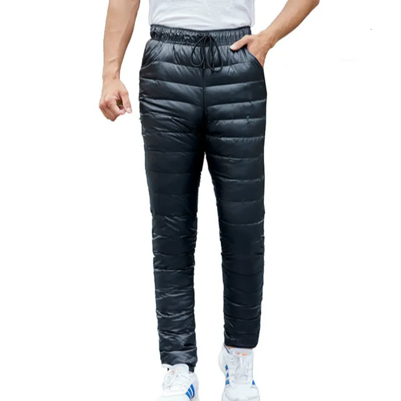 Męskie spodnie zimowe z bawełny i puchu, rozmiar 5XL Plus Size, 90% biały puch kaczy, wysoki stan, grube, ciepłe spodnie puchowe, wodoodporne spodnie outdoorowe do wędrówek.