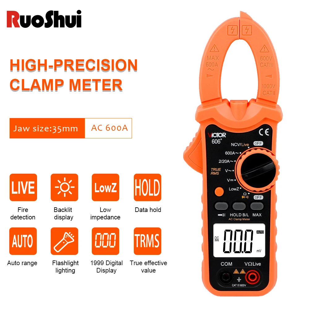 Victor 606+ Digital Clamp Meter TRUE RMS DC/AC Multimeter Ammeter Voltage Tester Car Hz Capacitance NCV Ohm Pinza Amperimetrica