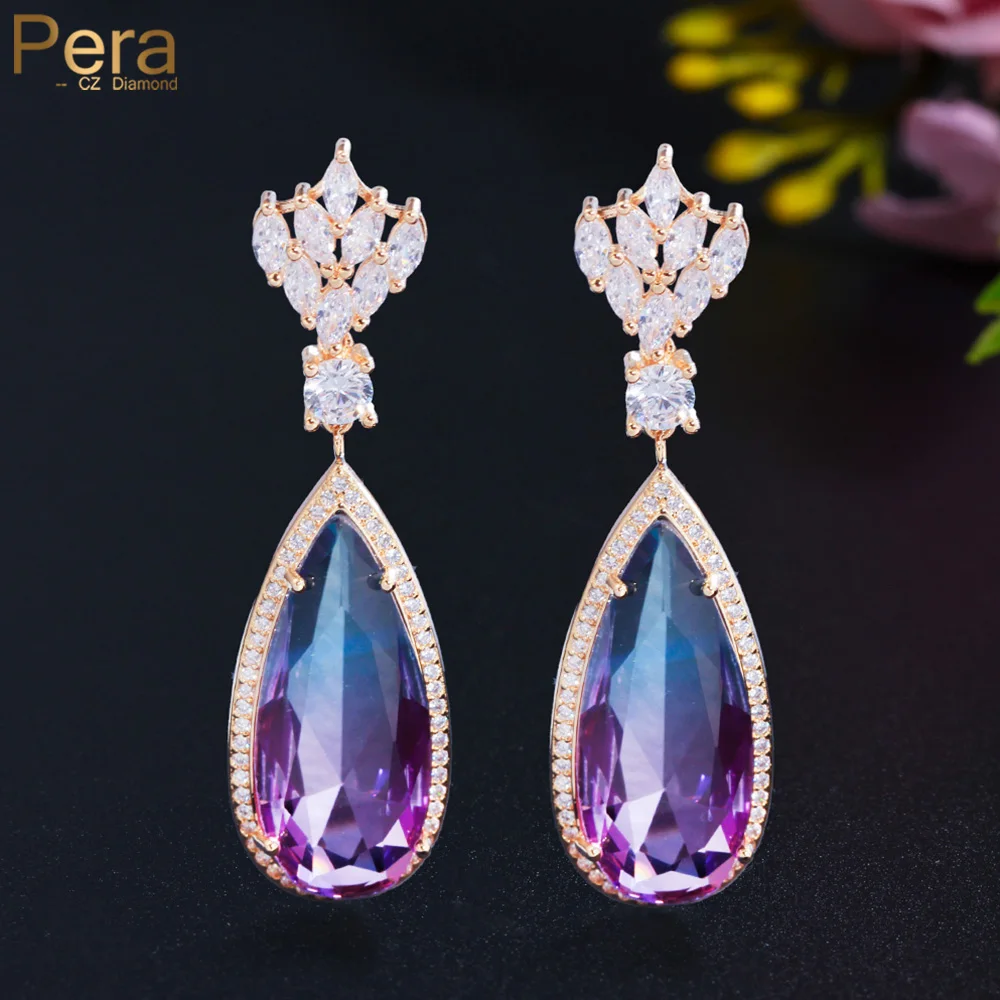 Pera Surprised Purple Blue CZ Rainbow Gradient Long Crystal Water Drop Earrings Gold Plated Banquet Party Jewelry for Women E808