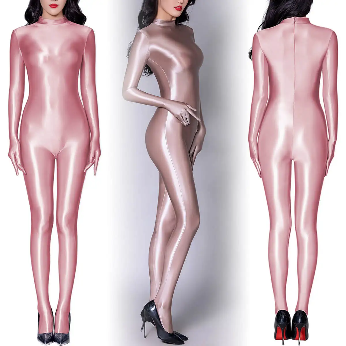 Metelam Unisex Glossy One-piece Wet-look Satin Long Sleeve Footed Catsuit  Turtleneck Zipper Back Leotard  with Finger Gloves