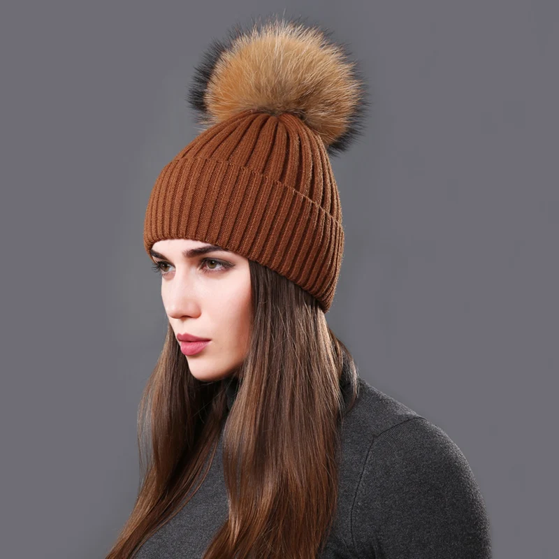 CNTANG Autumn Winter Hat Fashion Women Beanies Raccoon Fur Pompom Hats Casual Warm Knitted Wool Cap For Female Girls