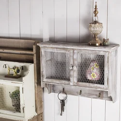 Rustic Antique Wood and Metal Wire Cabinet Two Doors