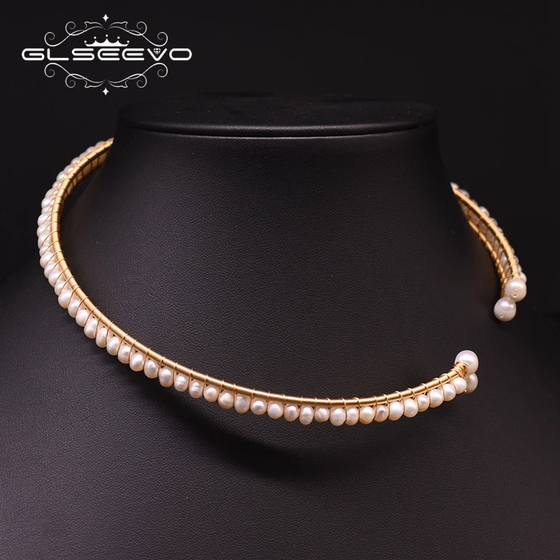 GLSEEVO Original Design Handmade Nautral Fresh Water Pearl Double Layer Choker Necklace For Women Wedding Fine Jewellery GN0176