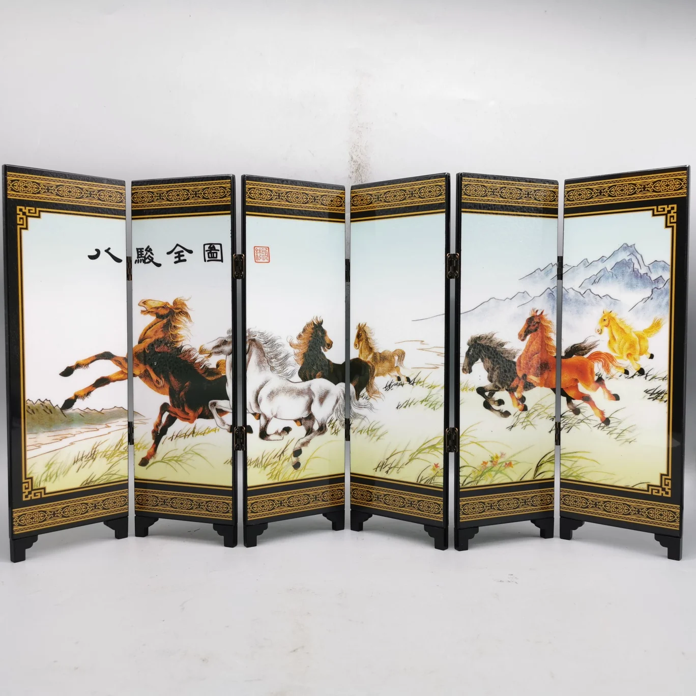 Chinese antiques collection [eight jun map] small screen of antique lacquer, folding wooden ornaments home decoration