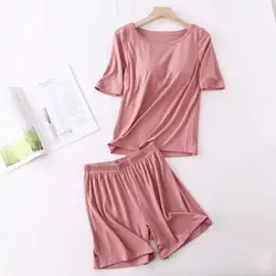 New Modal Thin Pajamas Women's Summer Short-Sleeved Short Pants Suit With Chest Pad Cup Casual Stretch Loose Home Clothes