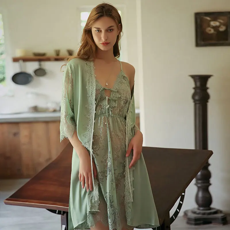 Ropa de dormir Sexy para mujer, conjunto de camisones transparentes de encaje, lencería de noche, albornoz con escote en V profundo, nuevo