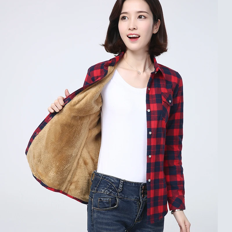 2022 Winter Warm Plaid Coat Women Plus Velvet Thicke Shirt Style Jacket Brand Casual Woman Fleece Tops Female Clothes Outerwear