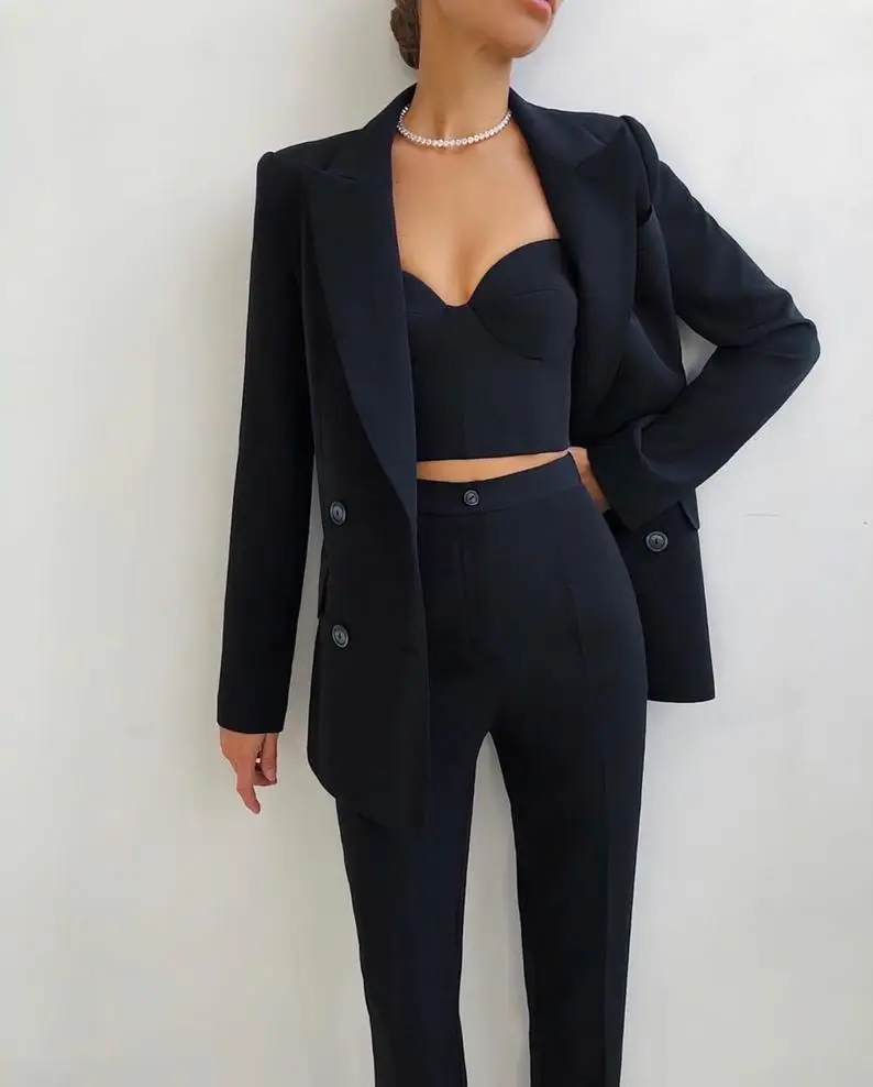 Chic Fashion Women Suits Peaked Lapel Double Breasted Jacket Casual 2 Pieces Pants Blazer Daily Wear Coat