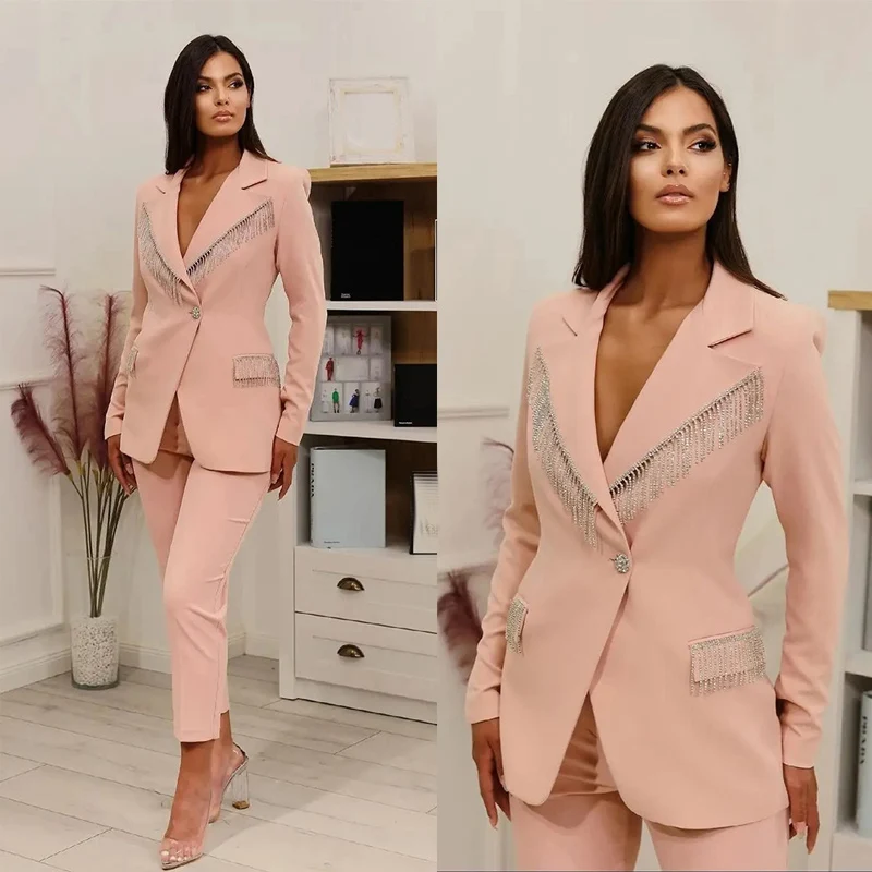 

Unique Desinger Mother Of The Bride Pant Suits Pink Silver Tassel Evening Party Women Tuxedos For Wedding (Jacket+Pants)