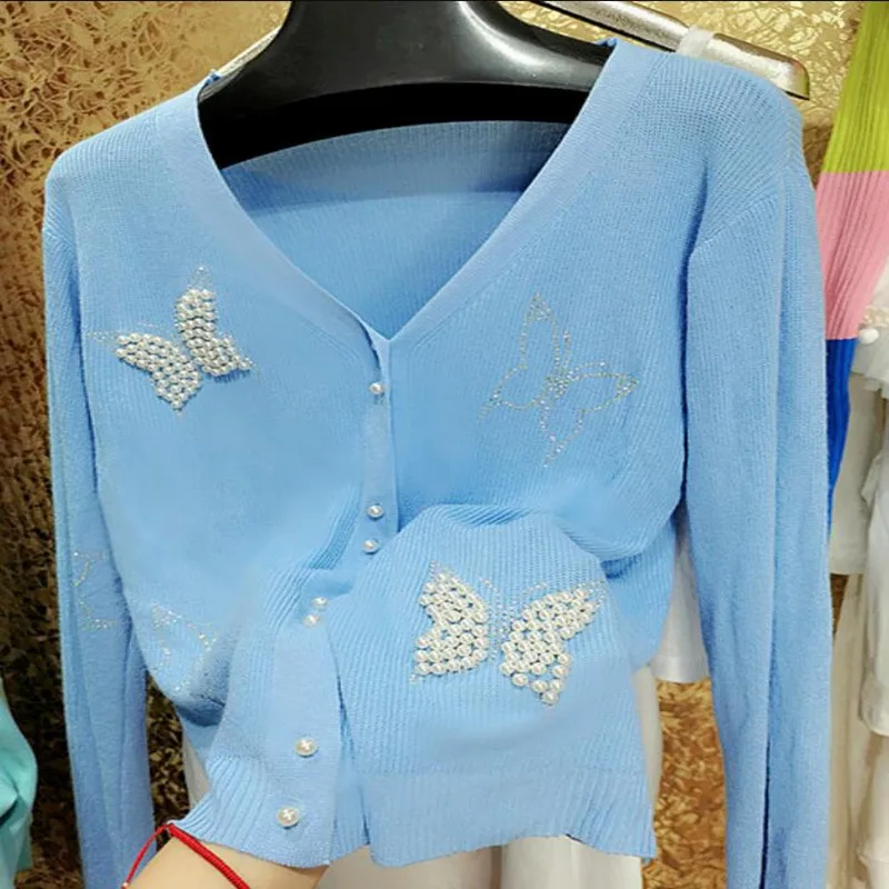 

Korea Heavy Industry Rhinestone Three-dimensional Pearl Butterfly Thin Knit Cardigan Women Fashion V-Neck Sweater Jacket q483