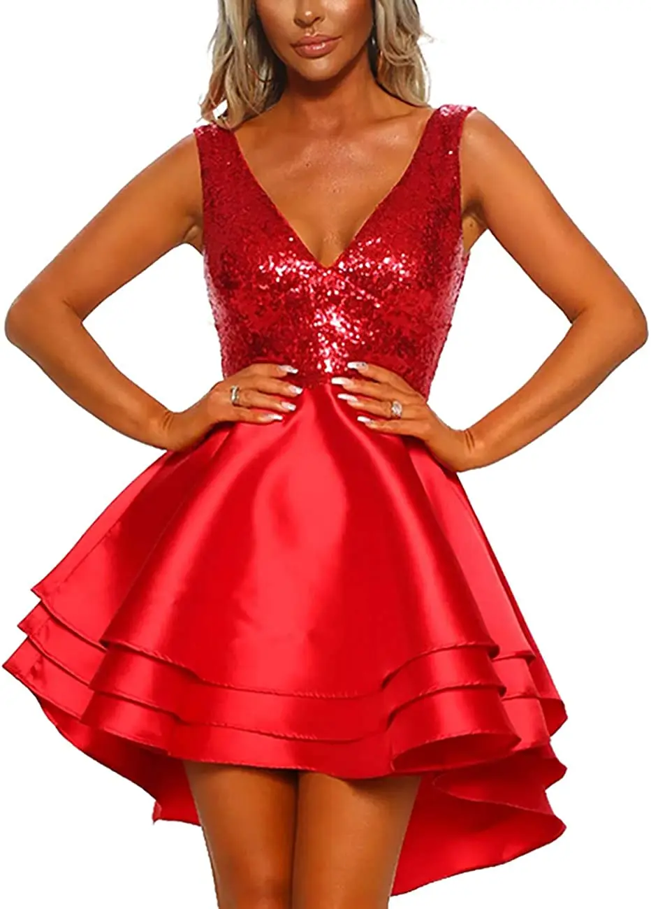 Charmingbridal Women's Sequin Short Prom Homecoming Ball Gown Glitter V Neck Skater Mini Club Cocktail Party Swing Dress