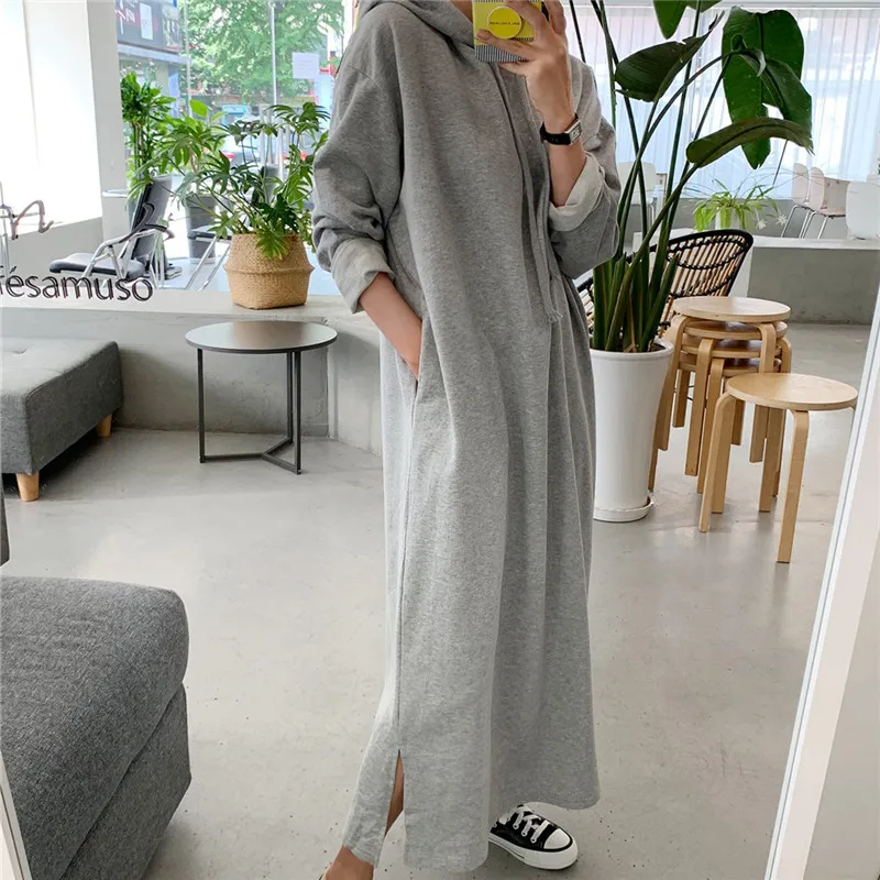 New Loose Large Size Hooded Sweatshirt Dress Korean Long Sleeve Split All Match Long Bottoming Casual Student Dress Tide