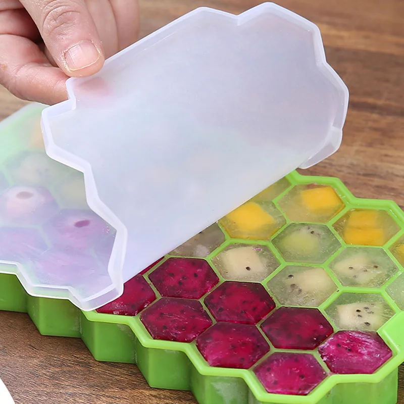 Zhang Ji Silicone Honeycomb Ice Cube Maker Trays Green Ice Cream Model with Lid Removable Easy Demoulding Cold Drink BPA Free