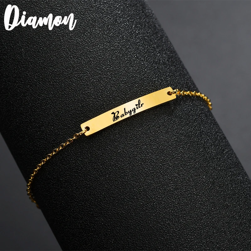 Diamon Personalized Women Bar Chain Bracelet Adjsutable Stainless Steel Engraving Letter Name Buckle Bracelets Kids  Gift