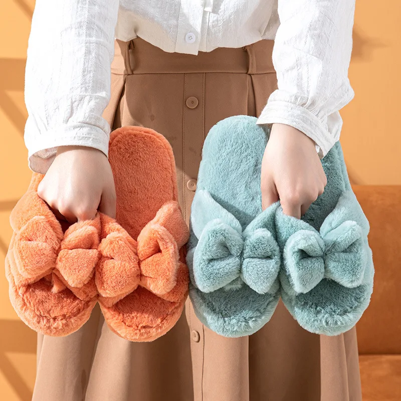 Women Slipper Winte Autumn Pure Color Rabbit Hair Open Toe Indoor Wood Floor Warm Zipper Soft Sole Slippers Comfort Beautiful