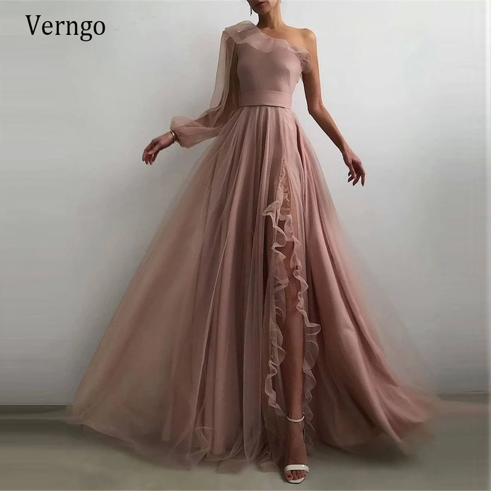 Verngo Elegante Dusty Roze Tulle Lange Prom Dresses Een Schouder Mouwen Ruches Een Lijn Avondjurken Vrouwen Speciale Gelegenheid Jurk