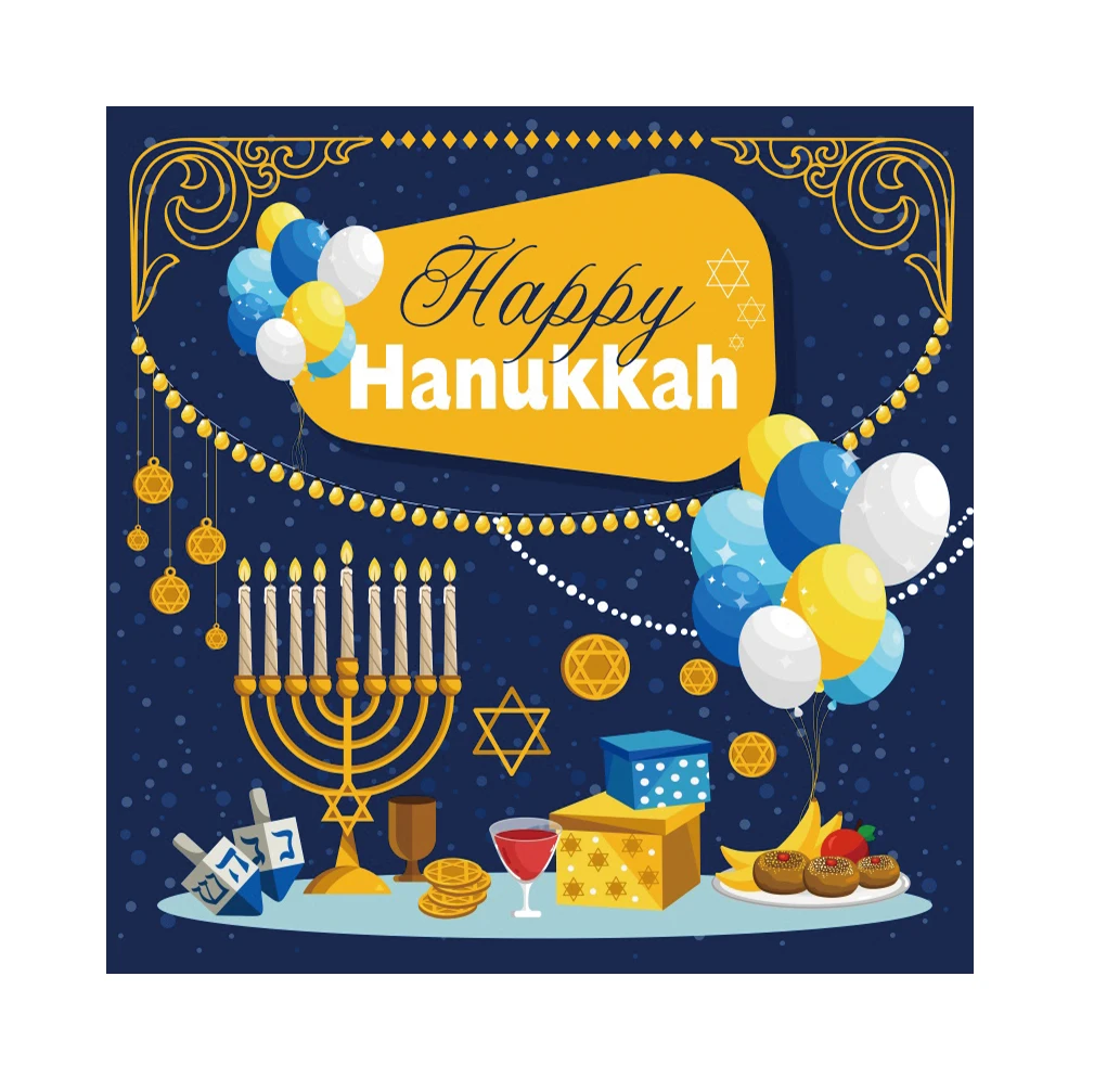 Happy Hanukkah เทศกาลฉากหลังโปสเตอร์ของขวัญขนมหวานไวน์เทียนชาวยิวปีใหม่ Decor พื้นหลังการถ่ายภาพ