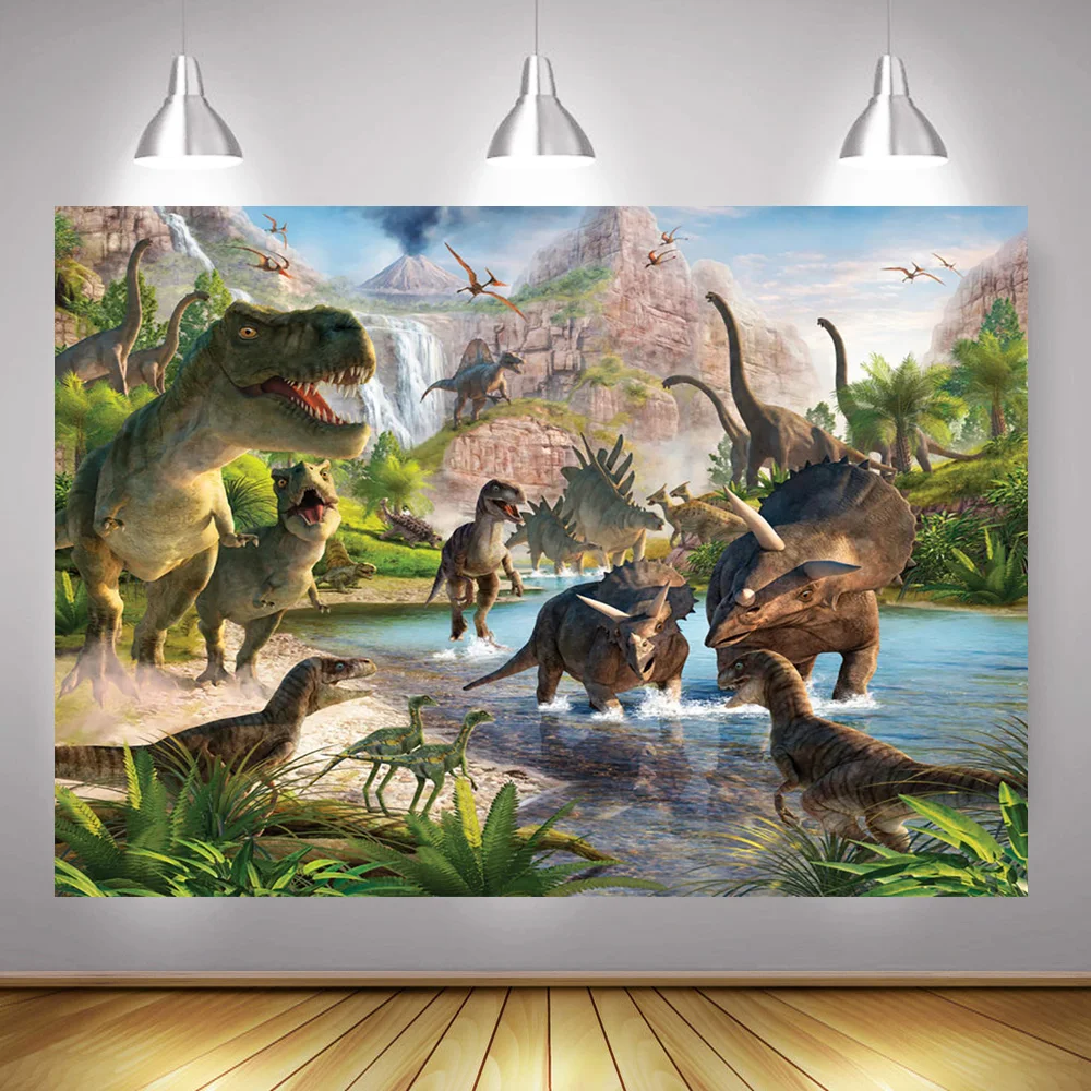 Cartoon Dinosaur Jungle Party Backdrop Photocall Jurassic Dinosaur Children Birthday Background Photography Tyrannosaurus Banner