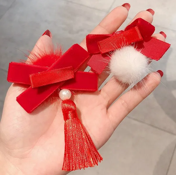 Chinese style children\'s new year kawaii Hair clips Cheongsam Hanfu Hair Accessories cosplay Hair Ball Hair Clip Pink Tassel