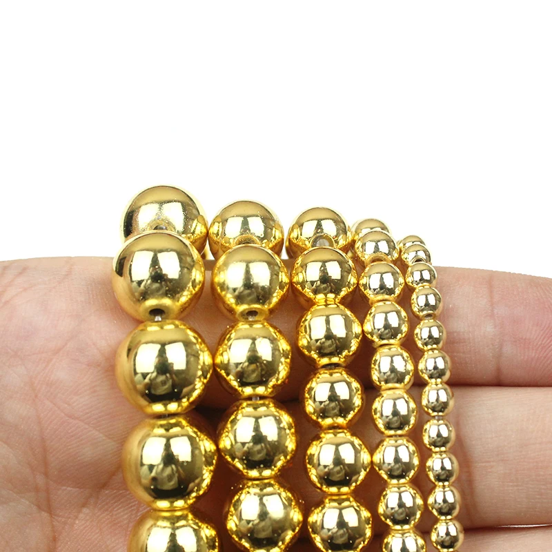 High Quality Natural Stone Gold Hematite Round Loose Beads2 3 4 6 8 10 12 MM Pick Size For Jewelry Making Bracelet Necklace