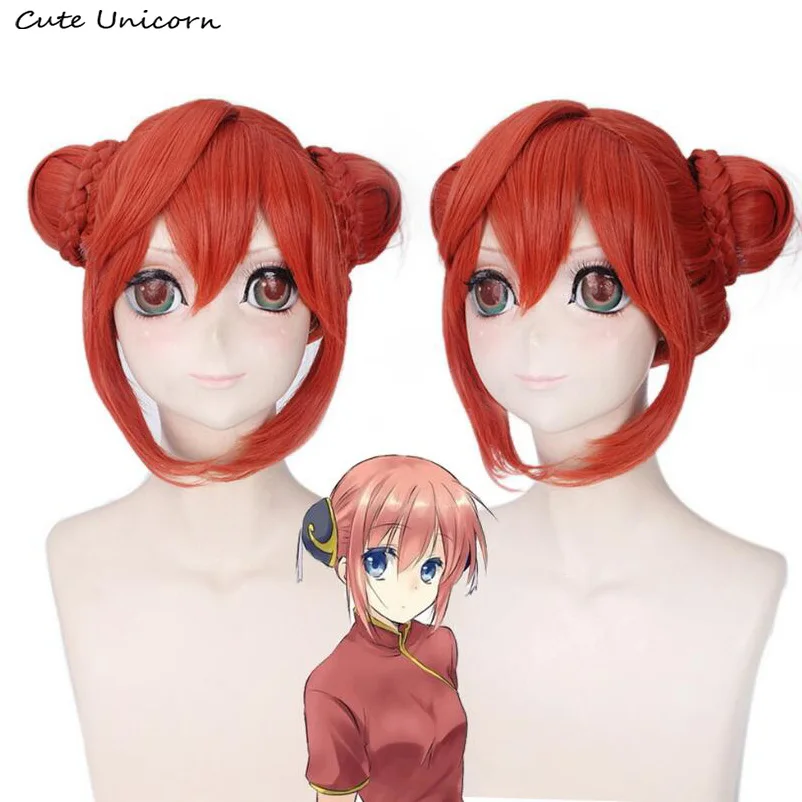 Anime Gintama Kagura Cosplay Wig With Chignon Silver Soul Short Orange Red Wigs Women't Lolita Synthetic Hair