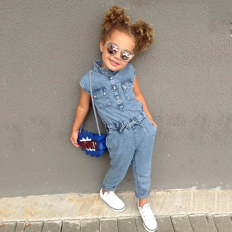 2-8year old girl clothes summer sleeveless jumpsuit fashion solid color wash water high quality denim sports children\'s clothing