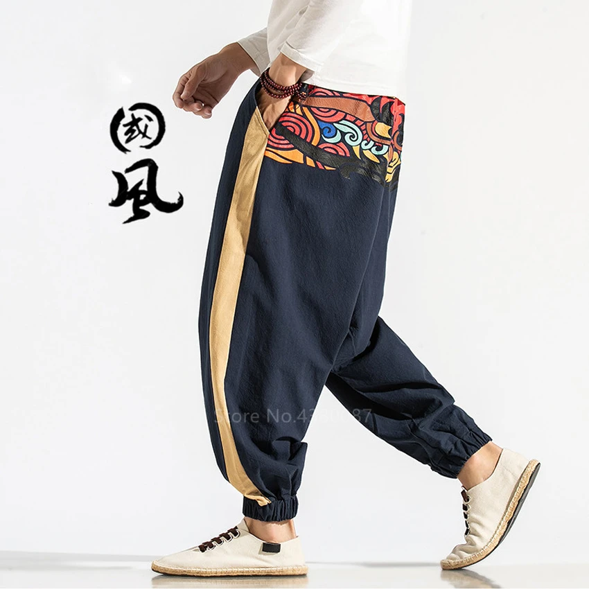 Men Japanese Style Ukiyo Print Samurai Costume Harem Pants Haori Vintage Trousers Leisure Loose Elastic Fashion Clothing Asian