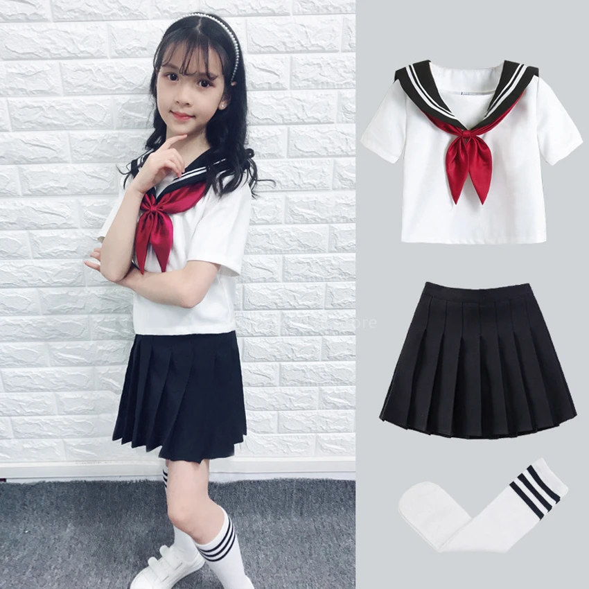 Kid School Uniform JK Sailor Dress 4PCS Girl Japanese Korean Orthodox Pleated Skirt Navy Long Short Sleeve Kawaii Suit Anime COS