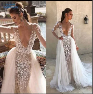 Wedding Dresses 100% Real Photos Luxury 7433 Court Train Flowers Mermaid Cap Full Sleeve WomanWedding Dress  Vestido