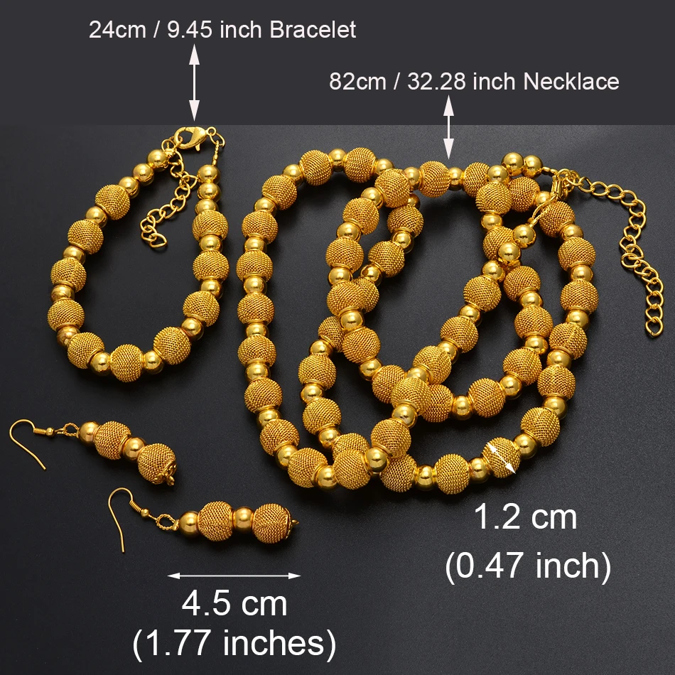 Anniyo 82cm Beads Necklace & 24cm Bracelets and Ball Earring for Women Fashion Gold Color Ball Jewelry Party sets #221806