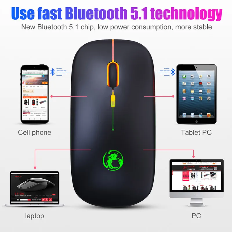 iMice RGB Rechargeable Bluetooth Mouse Wireless Silent USB Ergonomic Light Mouse Gaming Optical PC Mice for Laptop LED Backlit