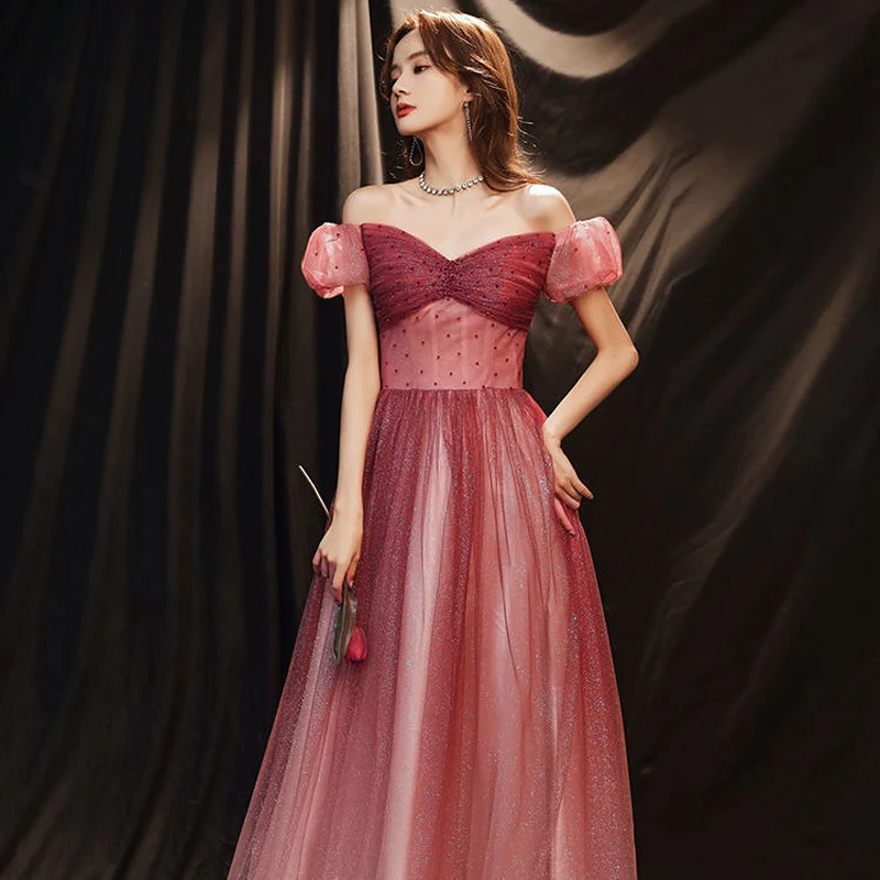 

Wine Red Tube Top Starry Sky Evening Dress Female One-shoulder Fairy Temperament Wedding Toast Banquet Host Evening Dress A114