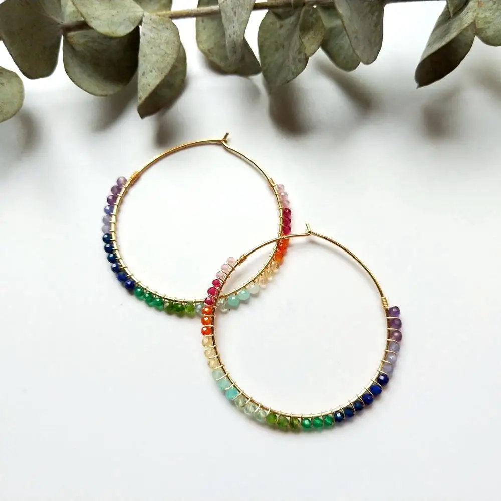 Lii Ji Rainbow Stone 925 Sterling Silver 18K Gold Color Big Hoop Earrings Tiny Small Stone Beaded Earrings For Women Girls Gift