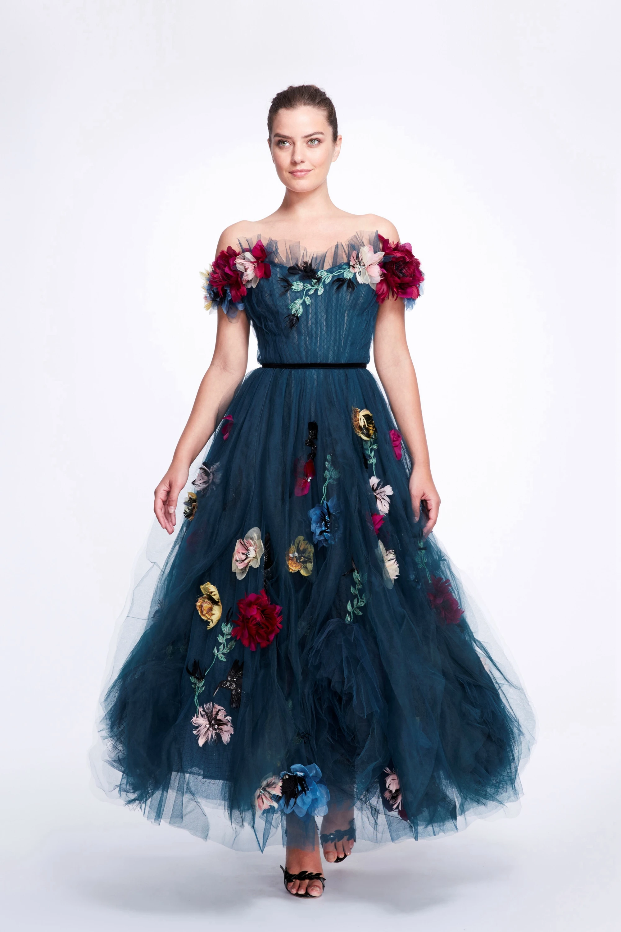 Off-Shoulder Dark Blue Sweetheart Tulle Dress Lush A-Line Floral Dresses 3D Flowered Evening Dress 2023 Ever Pretty Plus Size