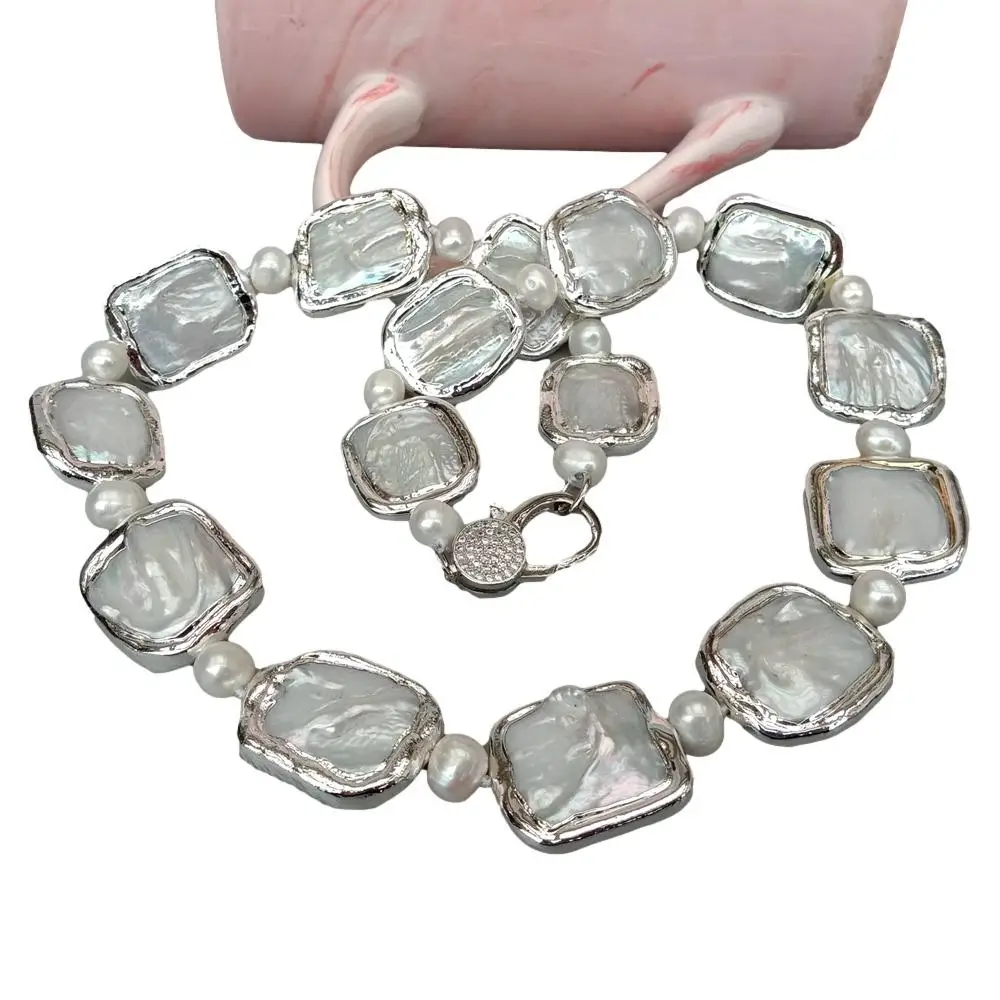 Y·YING Cultured White Pearl Rectangle Shape Keshi Pearl White Gold Color Plated Edge Necklace 20'