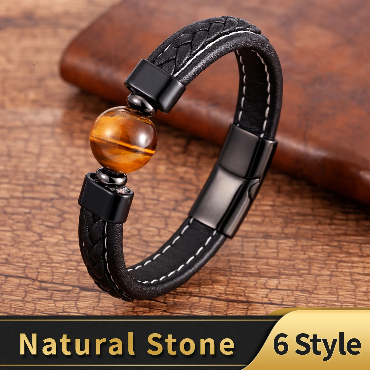 Trendy Genuine Leather Bracelets Men Stainless Steel Clasp Charm Bracelet For Male 6 Style Natural Tiger Eye Lava Stone Jewelry