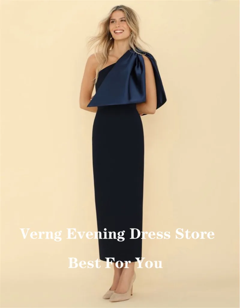 Verngo Navy Blue Satin Formal Evening Gowns With Big Bowknot One Shoulder Tea Length Women Party Dresses Customized