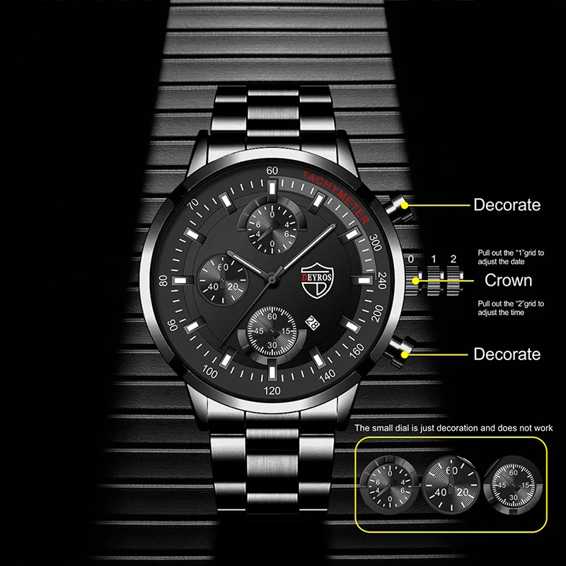 Luxury Mens Watches Stainless Steel Fashion Calendar Quartz Men Watches Bracelet Set Male Business Luminous Clock  reloj hombre